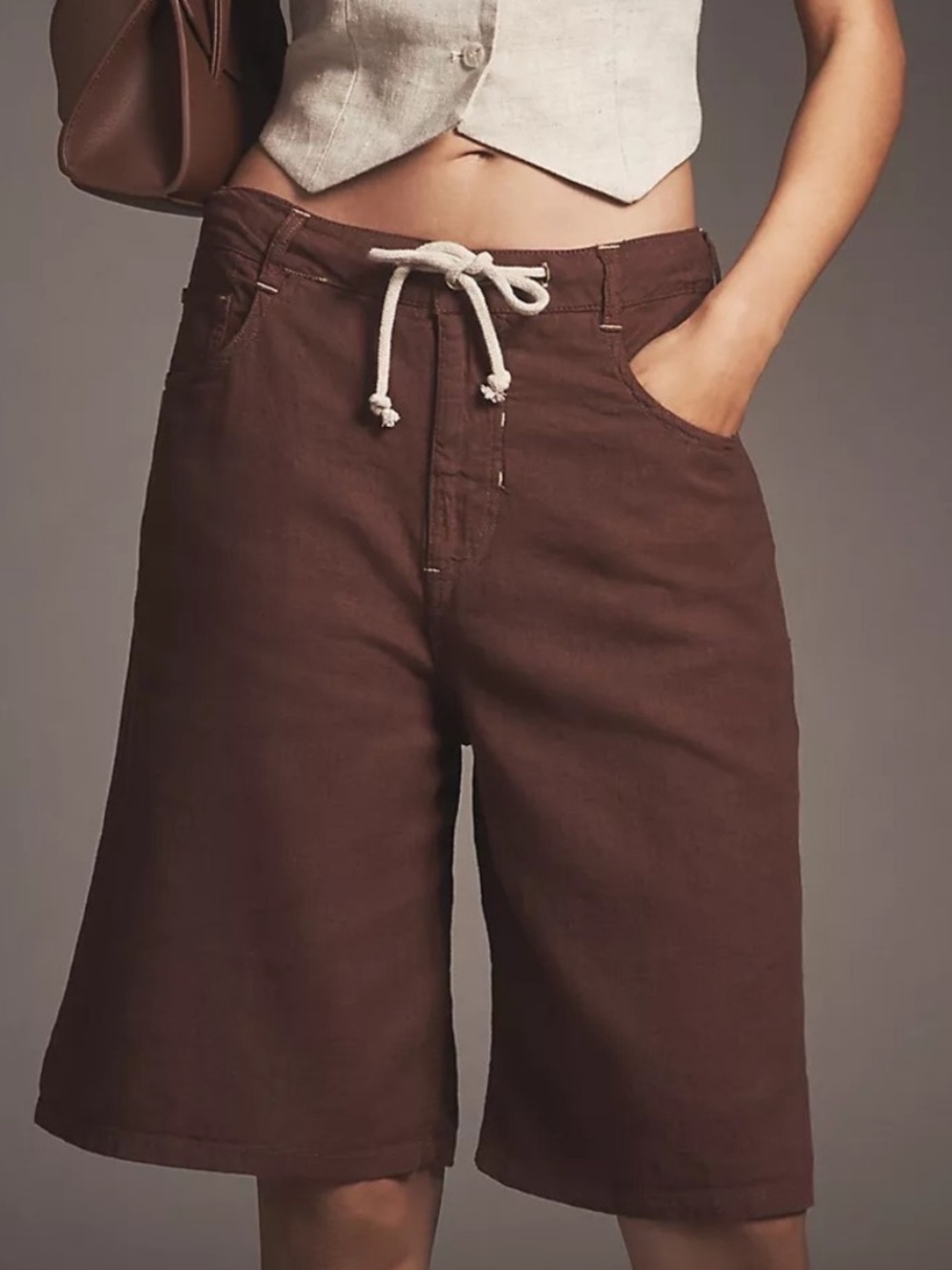 Anthropologie Pilcro Linen Blend Drawstring Bermuda Shorts Brown Size 27